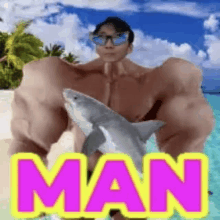 a man with huge muscles is holding a shark in his hands .