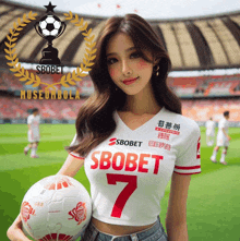 a woman holding a soccer ball wearing a sbobet jersey