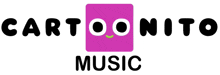 a logo for cartoonito music with a pink square with a face on it