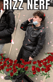 a man wearing a face mask is surrounded by red roses and the words " rizz nerf " above him