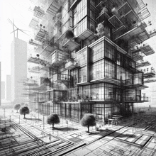 a black and white drawing of a very tall building with lots of windows