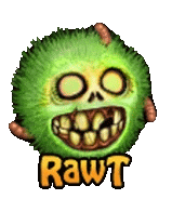 a green cartoon character with a skull on its face and the word rawt on it .