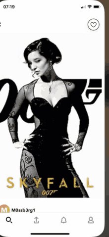 a phone screen shows a picture of a woman in a black dress titled skyfall 007