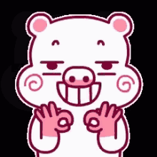 a cartoon pig with a big smile on its face is holding its hands up in the air .