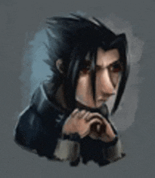 a cartoon character with long black hair and red eyes is looking at the camera with his hands folded .