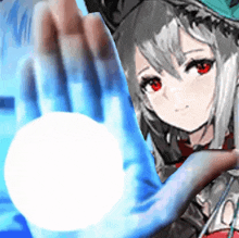 a girl with red eyes is holding a white ball