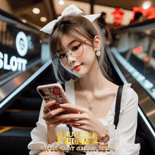 a woman wearing glasses is looking at her phone in front of a sign for museum bola