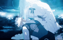 a drawing of a man laying on the ground with a woman in a white dress behind him