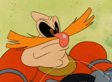 a cartoon character with a long orange mustache sticking his tongue out .