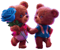 a teddy bear is holding a blue rose and a teddy bear is holding a gift box