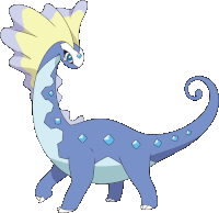 a cartoon drawing of a blue and yellow dinosaur with diamonds on its tail