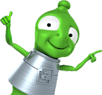 a green cartoon character is wearing a silver shirt and pointing