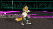 a fox in a video game is standing in front of a wall with a greek key pattern