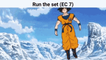 a cartoon of a man in a dragon ball z outfit standing in front of a snowy mountain .