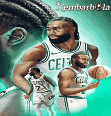 a celtics basketball player holding a basketball on a green background