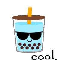 a cartoon drawing of a bubble tea drink with sunglasses and the word cool written below it