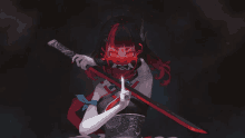 a girl with red hair is holding a sword and wearing a mask