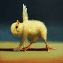 a painting of a yellow chicken with a blue background and the letters l on the bottom right corner