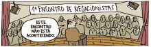 a cartoon of a man speaking in front of a crowd with a banner that says 1o encontro de negacionistas above him