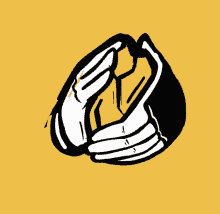 a cartoon drawing of a hand holding a piece of paper on a yellow background