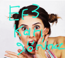 a woman with a surprised look on her face with ef3 written in green