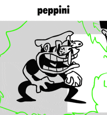 a black and white drawing of a man with the name peppini on the bottom