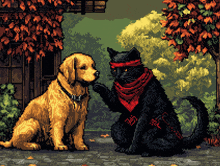 a pixel art illustration of a dog and a cat