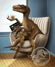 a dinosaur is sitting in a chair reading a book titled dinosaurs