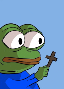 a cartoon frog is holding a small cross in his hand