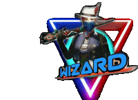 a logo for wizard with a man holding a rifle