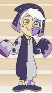 a cartoon character is wearing a purple and white costume