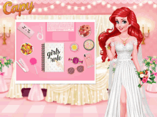 a girl in a white dress with red hair is standing in front of a pink wall with the word capy on it