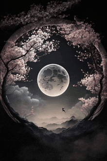 a full moon surrounded by cherry blossom trees