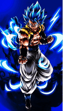 a drawing of a man with blue hair and a lightning bolt behind him