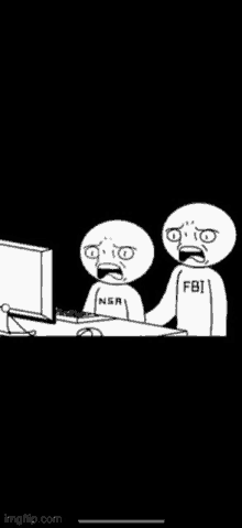 two cartoon characters are looking at a computer screen . one of the characters is wearing a fbi shirt .