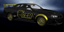 a black car with a yellow aem logo on it