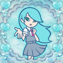 a drawing of a girl with blue hair is surrounded by blue hearts