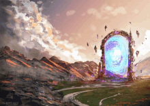 a painting of a portal in the middle of a mountain range has the year 2018 on the bottom