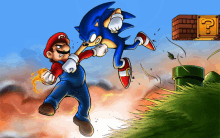 a cartoon drawing of mario and sonic fighting