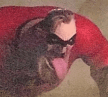 a close up of a painting of a superhero wearing a red costume and a mask .