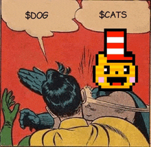 a cartoon of a man being slapped by a pixelated cat in a top hat that says $ dog $ cats