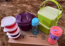 a cardboard box contains a variety of plastic containers and cups