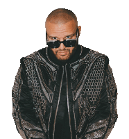 a man wearing sunglasses and a jacket with diamonds