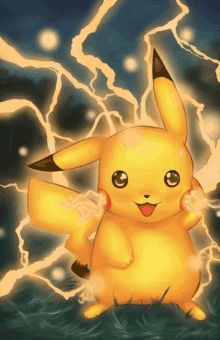 a pikachu is surrounded by lightning bolts and a dark background