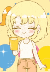 a cartoon girl drinking from a yellow cup with balloons in the background