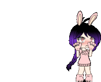 a girl with purple hair and bunny ears is wearing a pink sweater and pink socks .