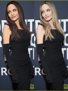 a woman in a black dress and long black gloves is standing in front of a sign that says project rock