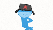 a blue character with a red star on his hat