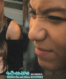 a close up of a woman 's face with the words shinee home written on the bottom