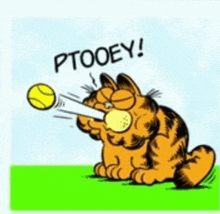 garfield is holding a tennis ball in his mouth and says ptooey